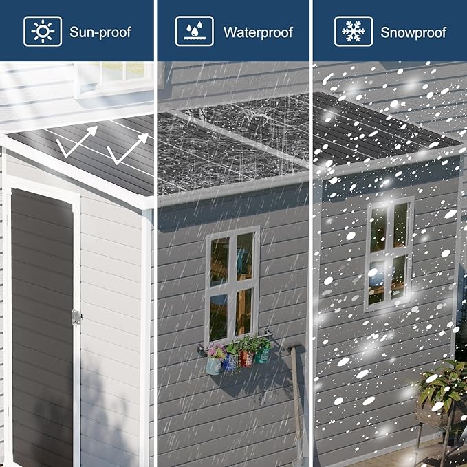 8x4 FT Resin Storage Shed with Floor Window for Outdoor Garden Waterproof Plastic Sheds Kit for Backyard Tool Storage, Gray