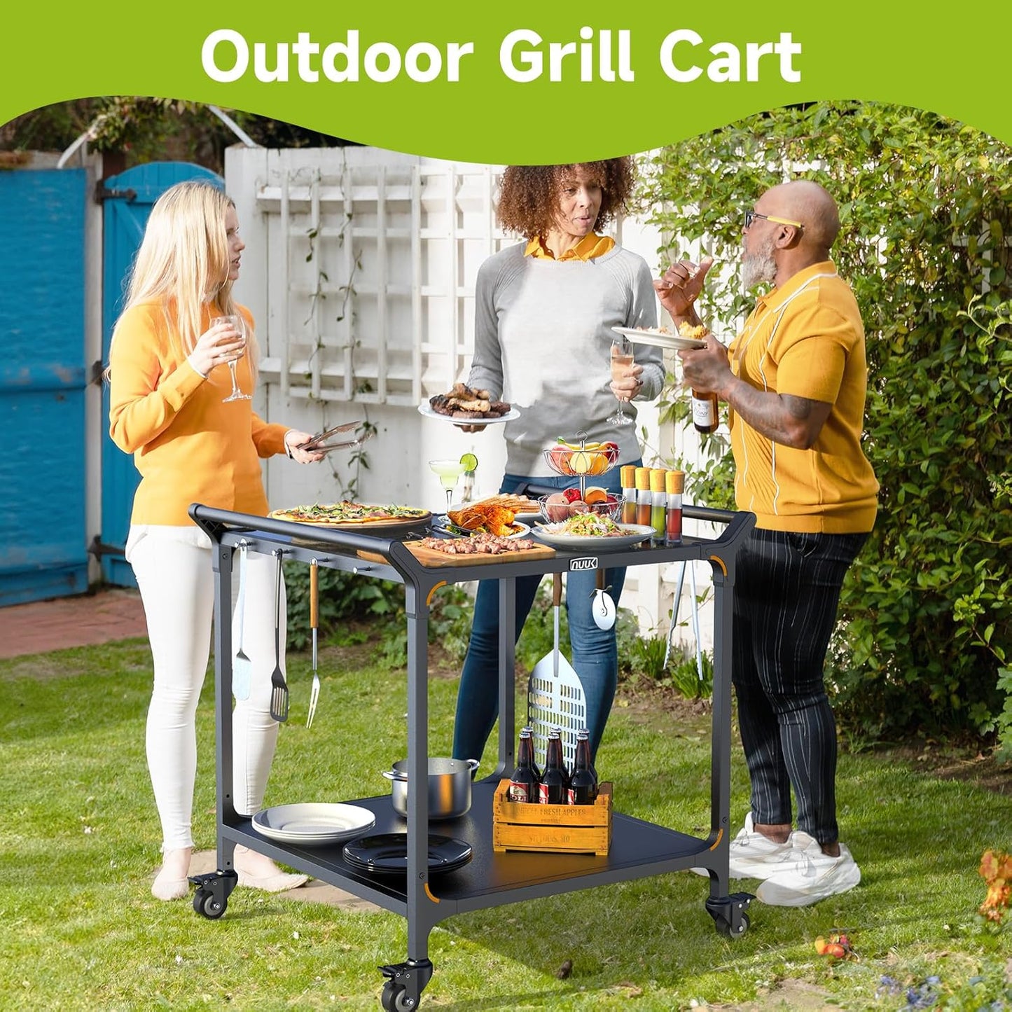 NUUK Grill Cart for Outdoor 32" x 32" Stainless Steel Pizza Oven Table with Double-Shelf Rolling BBQ Kitchen Food Prep Cart for Garden Patio