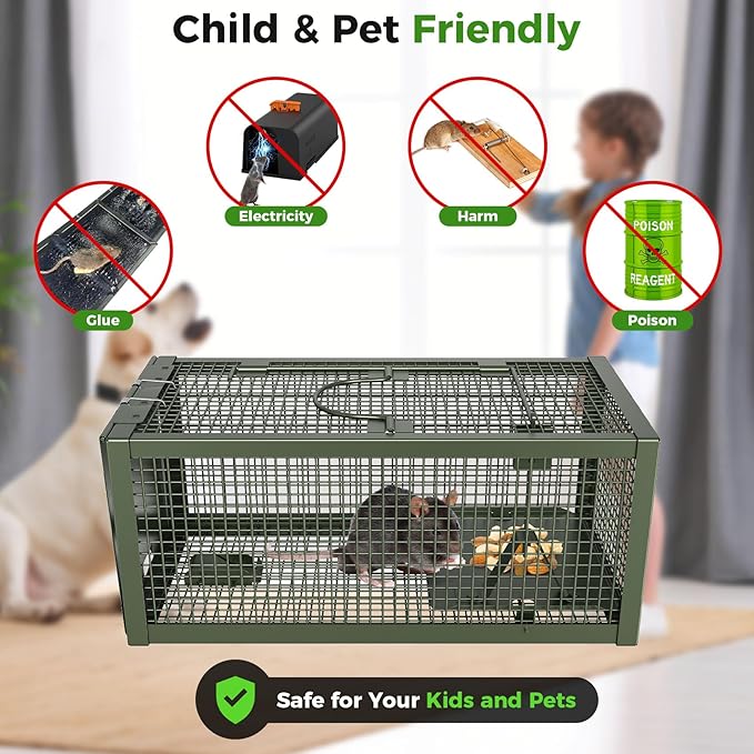 2 PCS Humane Mouse Rat Traps, Mice Chipmunk Squirrel Traps, and Other Live Animal Cage Catch and Release for Indoor and Outdoor-Green