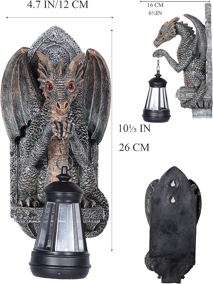 Dragon Statue Solar Lantern for Garden Décor, Dragons Figurine Night Light, 10”Outdoor Decorative Lamp, Mountable on Trees/Walls/Fences. Birthday/Housewarming Gifts for Dragon Fans (Antique Bronze)