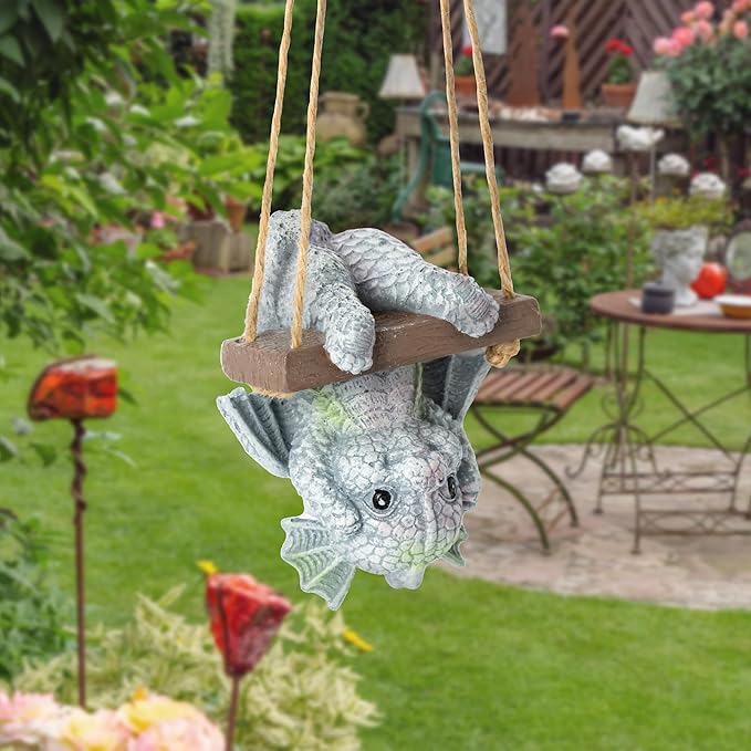 Fantasy Dragon Statue Garden Decor - Gothic Resin Sculpture Cute Mythical Upside Down Dragon Theme Unique Art Decor to Patio Yard Garden Halloween New Year Party Decoration Gifts for Adult