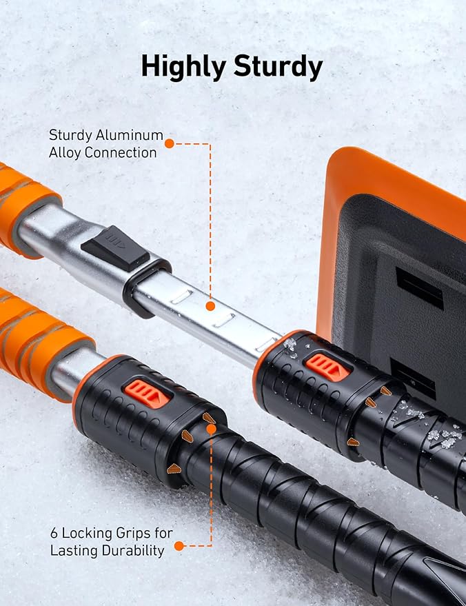 AstroAI 47.2 Inch 2-in-1 Snow Brush for Car Snow Broom and Detachable Ice Scraper with Non-Abrasive Silicone Head for Cars, Trucks, SUVs（Orange-Black）