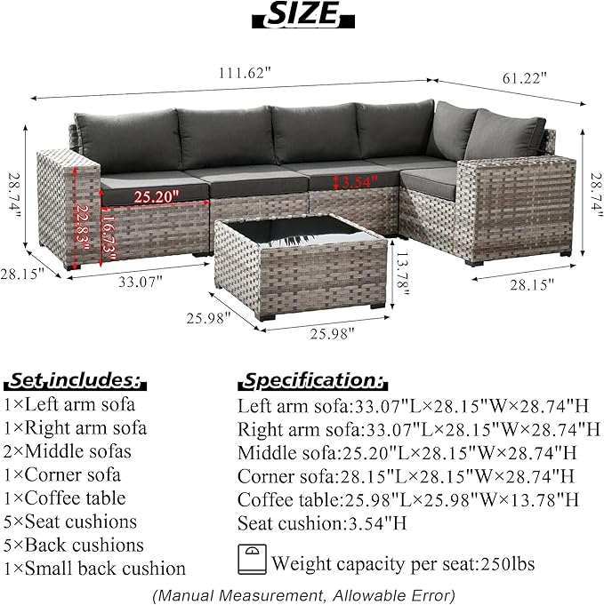 HOOOWOOO Modular Patio Outdoor Sectional Furniture Set,6 Piece Wicker Conversation Sofa Set,Out Door Couch Set with Wide Arm for Outside All Weather(Grey Stripes)
