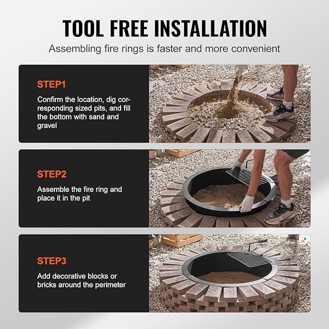 VEVOR Fire Pit Ring, Fire Pit Insert with Barbecue Fire Ring, 40-in Outer/36-In Inner Diameter, 8.5in Height, Carbon Steel Liner DIY Campfire Ring Above/In-Ground, for Outdoor Camping, Bonfires