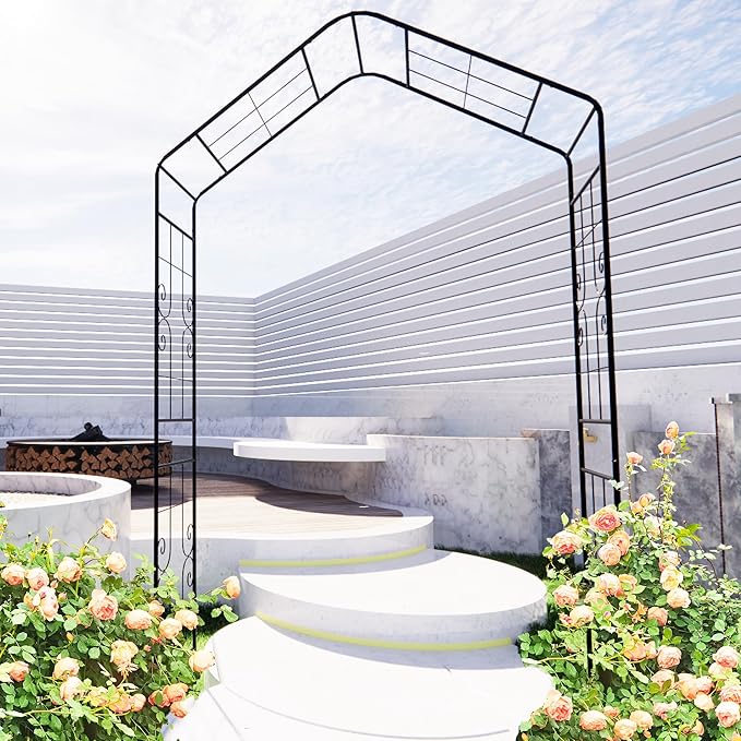 Metal Garden Arch 94.5" H Garden Arbor Trellis Climbing Plants Support Lines Pattern Arch Outdoor Lawn Wedding Party Events Archway Black