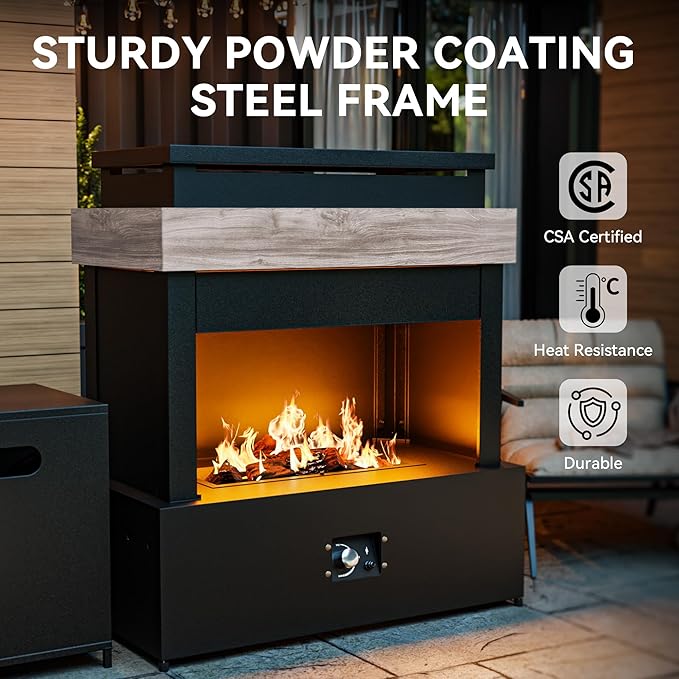 35'' Outdoor Propane Fireplace with Tank Storage, 50,000 BTU Outdoor Gas Fire Pit with CSA Certified, Dust Cover, Smokeless Ceramic Wood, Adjustable Flame for Patio, Garden, Deck, Gray/Tan