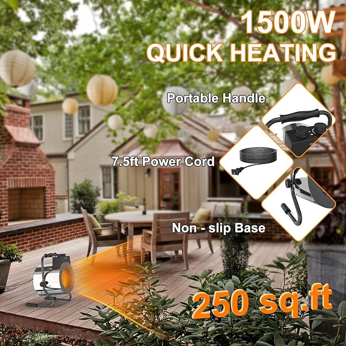 Greenhouse Heater with Thermostat, 1500W Outdoor Heater with Fast Heating, Overheat Protection, Grow Tent Heat for Greenhouse, Garden, Flower Room