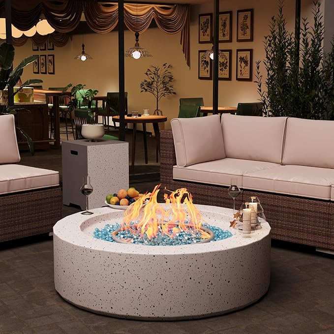 2-Piece Outdoor Propane Fire Pit Table Set – Premium Terrazzo-Like MgO Finish, Round Gas Fire Table with Tank Table for Patio, Garden & Backyard, Includes Rain Cover & Glass Beads