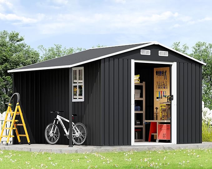 Jocisland 10.6x6.8x6.3 FT Outdoor Storage Shed with Sliding Doors, Two 4-Pane Windows, Open Design Outdoor Shed for Wood Storage, Dark Grey/White