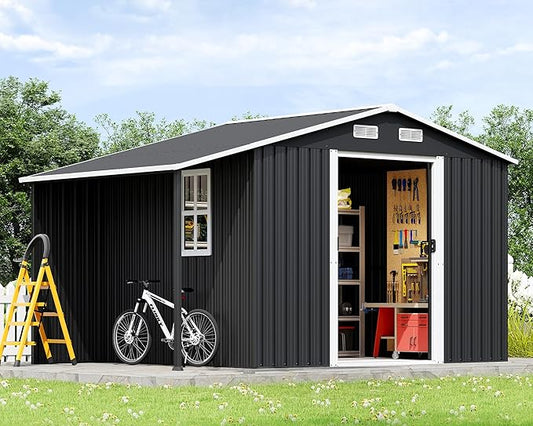 Jocisland 10.6x6.8x6.3 FT Outdoor Storage Shed with Sliding Doors, Two 4-Pane Windows, Open Design Outdoor Shed for Wood Storage, Dark Grey/White