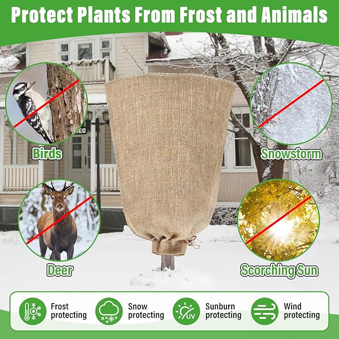 Riare 2 Packs 24 × 40 Inch Burlap Winter Plant Cover Bags with Drawstring- Reusable Large Burlap Sack Plant Frost Protector, Plant Frost Cloth Cold Tree Freeze Blanket for Outdoor Plants Shrubs Fruit