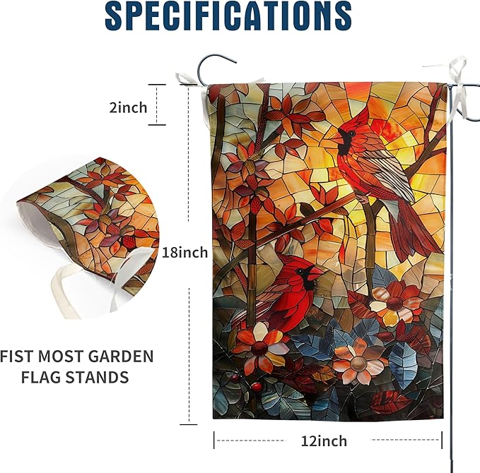 Stained Glass Cardinal Red Birds Garden Flag Spring Summer Yard Flag Fall Floral Decorative Flags for Outside 12x18 Double Sided Small Seasonal Lawn Flags Rustic Outdoor Decor