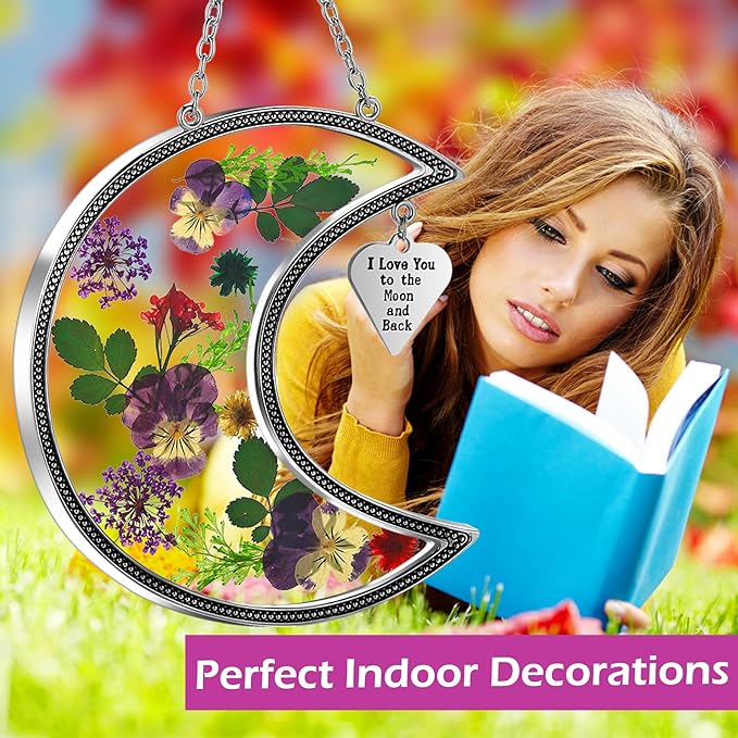 KY&BOSAM Moon Suncatcher I Love You to The Moon and Back Stained Glass for Window Hangings Wind Chime Decor with Pressed Real Flower and Metal Charm Birthday Gift for Women Mom Mother`s Day Christmas