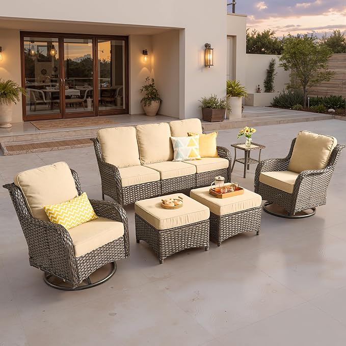 ovios 6 Pieces Patio Furniture Set, Outdoor Wicker Sofa Couch with Swivel Chairs Ottomans Comfy Cushions, All Weather High Back Modern Conversation Sets, Brown Rattan, Beige