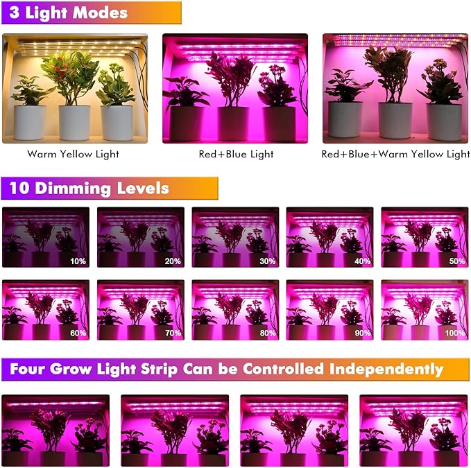 4 Pack Plant Grow Light Strip,LED Growing Lamp for Indoor Plants, Full Spectrum Plant Lights with Auto ON/Off Timer, 10 Dimmable Brightness, 3 Switch Modes, Dual Controllers