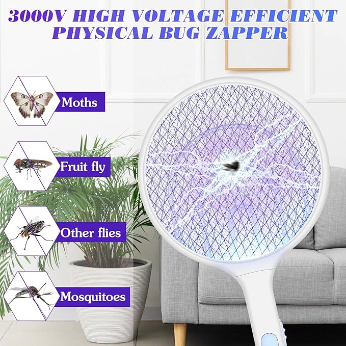 Qualirey 2 Pcs Electric Fly Swatter Racket 3000V 2 in 1 Bug Zapper Racket USB Rechargeable, Powerful Mosquitoes Trap Lamp and Fly Killer with 3 Layer Safety Mesh for Indoor Outdoor (White,Round)