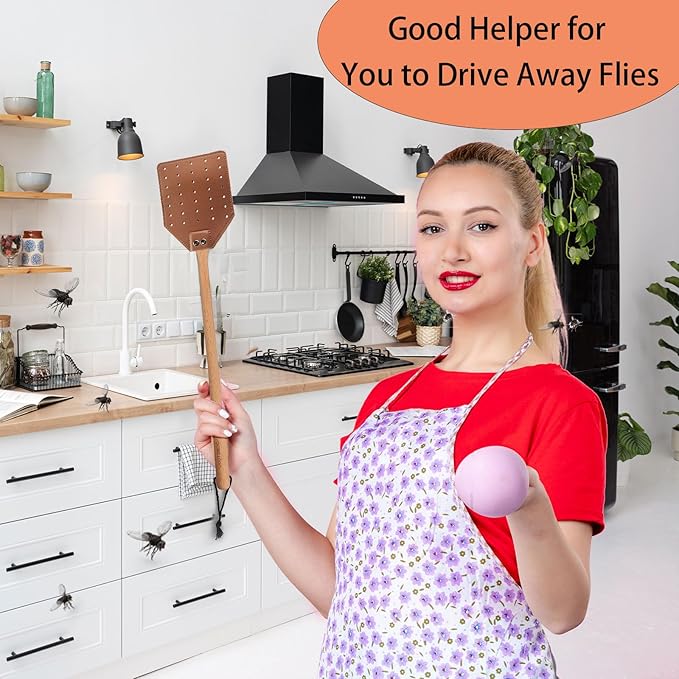 Leather Fly Swatter - Heavy Duty Manual Fly Swatter with Wood Handle, Durable Leather Fly Swatter for Indoor and Outdoor Use (Brown)