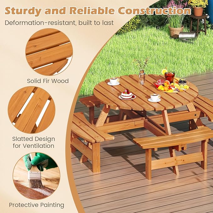 Giantex 8-Person Round Picnic Table Set with 4 Benches, 550 LBS Bench Capacity, 2" Umbrella Hole, Circular Outdoor Wood Dining Table & Chairs for Patio Yard Garden Porch Deck (71”x71”x28”,Yellow)