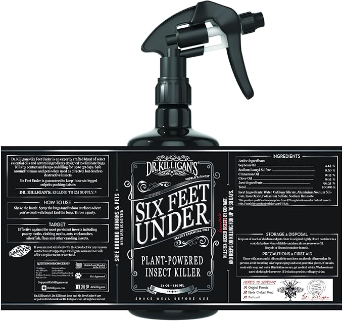 Dr. Killigan's Six Feet Under Plant Powered Insect Killer Spray | Indoor Natural Pest Control | Fleas, Pantry & Clothing Moths, Ants, & Cockroaches | Family Friendly, Pet Safe (24 oz)