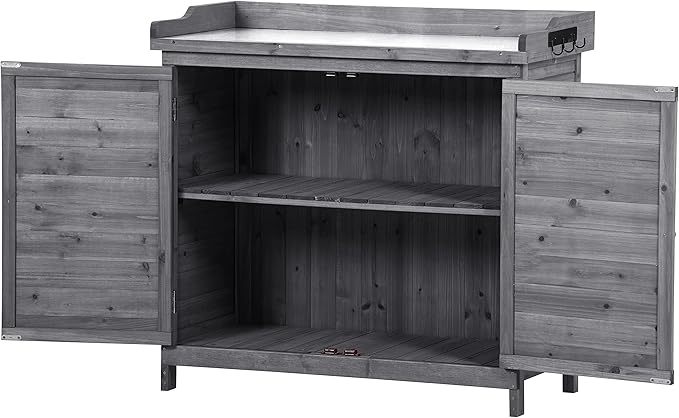 Merax Outdoor 39" Potting Bench Table, Rustic Garden Wood Workstation, Storage Cabinet with 2-Tier Shelves and Side Hook, Grey