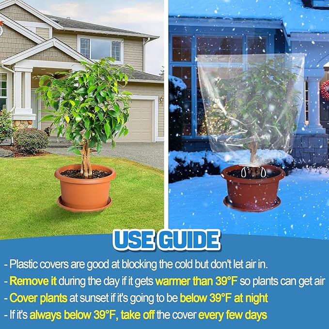 6 Pcs Winter Plant Cover Freeze Protection - 39.3" x 39.3" Plastic Plant Frost Bags with Drawstring, Transparent Waterproof Plant Shelter Coverings for Outdoors Garden Plants Shrubs Sapling Bushes