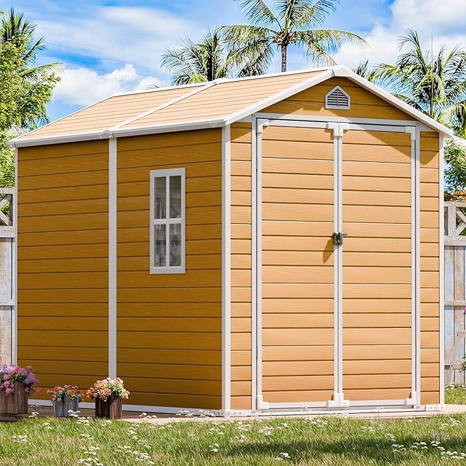 Resin Storage Shed 8 x 6 FT: Outdoor Resin Sheds with Floor, Plastic Waterproof Patio Outdoor Storage Shed with Lockable Door & Windows,Tool Sshed Storage for Garden Backyard Patio Lawn, Brown