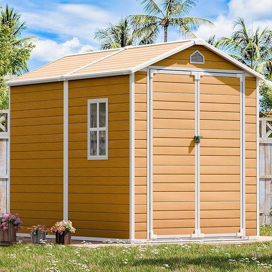 Resin Storage Shed 8 x 6 FT: Outdoor Resin Sheds with Floor, Plastic Waterproof Patio Outdoor Storage Shed with Lockable Door & Windows,Tool Sshed Storage for Garden Backyard Patio Lawn, Brown