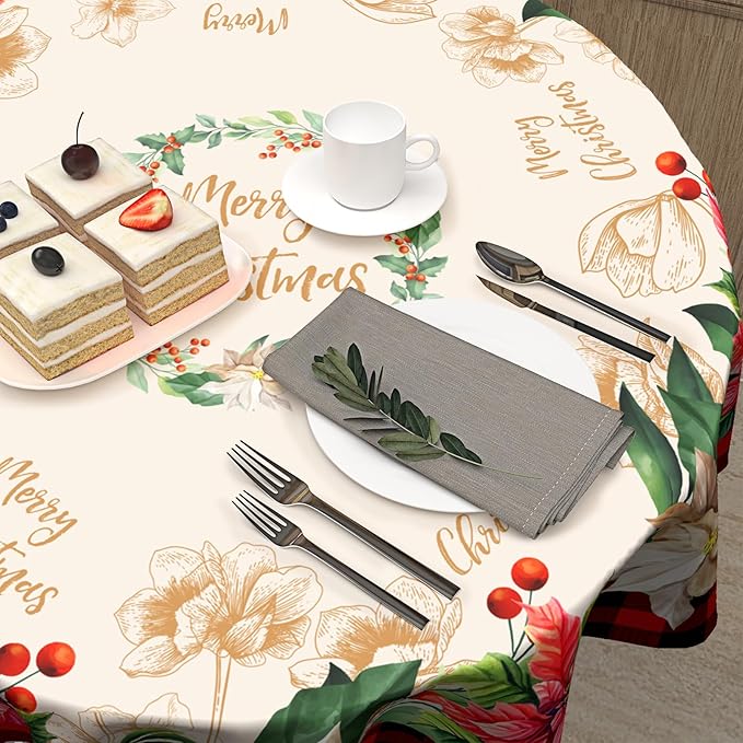 Giwawa Buffalo Check Plaid Christmas Round Tablecloth, Traditional Poinsettia Print Resistant Polyester Table Cloth with Xmas Floral and Berry for Party Decoration/Holiday 60 Inch