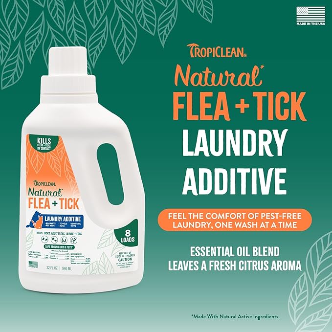 TropiClean Flea and Tick Laundry Additive, Laundry Detergent Booster, Safe for Dogs, Cats, & Home, Powerful Treatment Laundry Addition, 32oz