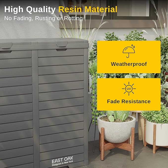 EAST OAK 76 Gallon Outdoor Trash Can | Waterproof Resin Garbage Can with Tiered Lid & Drip Tray | Outside Trash Bin for Patio | Kitchen, Backyard & Deck | Gray Color