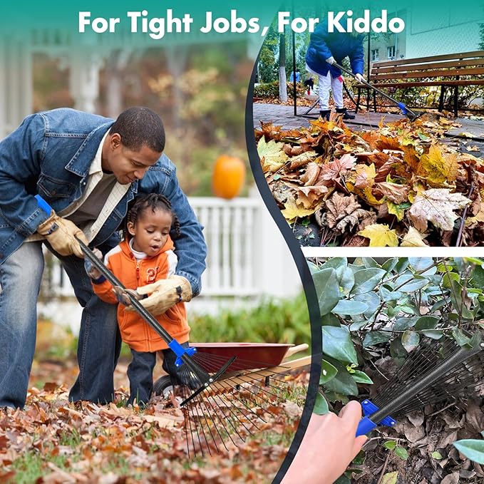 Rake, Leaf Rake with Expandable Head,18 Teeth, Adjustable 53 Inch Long Handle, 17 Inch Wide, Heavy Duty Collapsible Yard Rakes for Lawn Flowers Beds Gardening