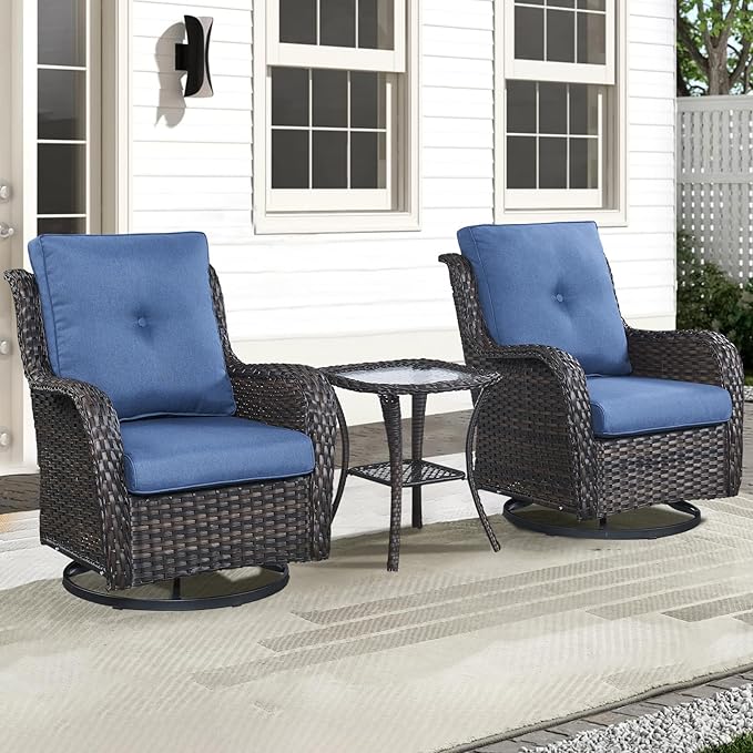 Patio Wicker Chairs Swivel Rocker,3 Pieces Patio Furniture Set with 360 Degree Wicker Swivel Rocking Chairs and Side Table for Garden,Porch,Backyard