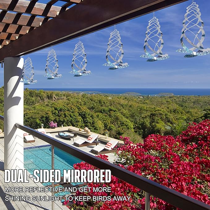 Hausse 6 Pack Bird Repellent Spiral Reflectors Silver Mylar Spinner, Hanging Reflective Bird Deterrent Device, Garden Decorative Scare Birds Away, Like Woodpeckers, Pigeons and Geese