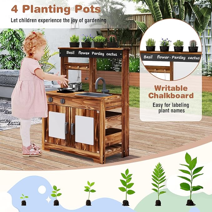 HONEY JOY Mud Kitchen, Cedar Wood Outdoor Play Kitchen for Toddlers, Acrylic Board, Removable Sink, 4 Planting Cups, Kitchen Accessories, Garden Time Mud Kitchen for Kids Outdoor Backyard