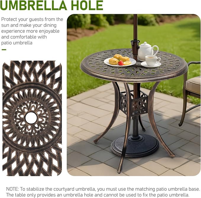 Outvita Patio Side Table, 30.7in Outdoor Round Cast Aluminum Bistro Table with Umbrella Hole and Antique Design for Backyard Porch Pool Balcony Deck Bronze