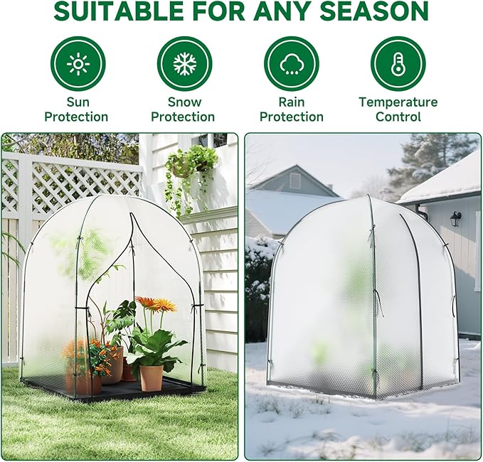Portable Greenhouse for Outdoors, Green House Tent with Thick Bubble Film Cover, Ground Mat, Zippered Door Walk-in Mini Green House Kit for Outside, 59x59x75 Inch