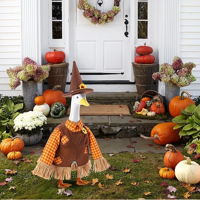 DECOHS 2 Pcs/Set Scarecrow Porch Goose Outfits, Fall Thanksgiving Lawn Goose Statue Scarecrow Costume, Garden Goose Scarecrows Clothes Hat for 23" Statue Autumn Halloween Outdoor Patio Yard Decoration