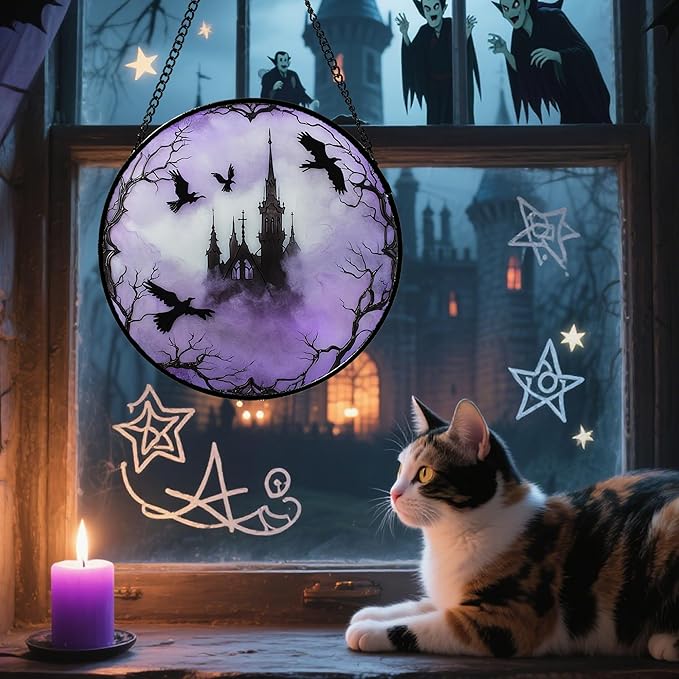 Stained Glass Window Hanging - Halloween Gothic Castle Purple Smoke Suncatcher for Doors Garden Home Spooky Crow Sun Catchers Gothic Decor Horror Gift for Women Men Friend Boy Girl 15 in