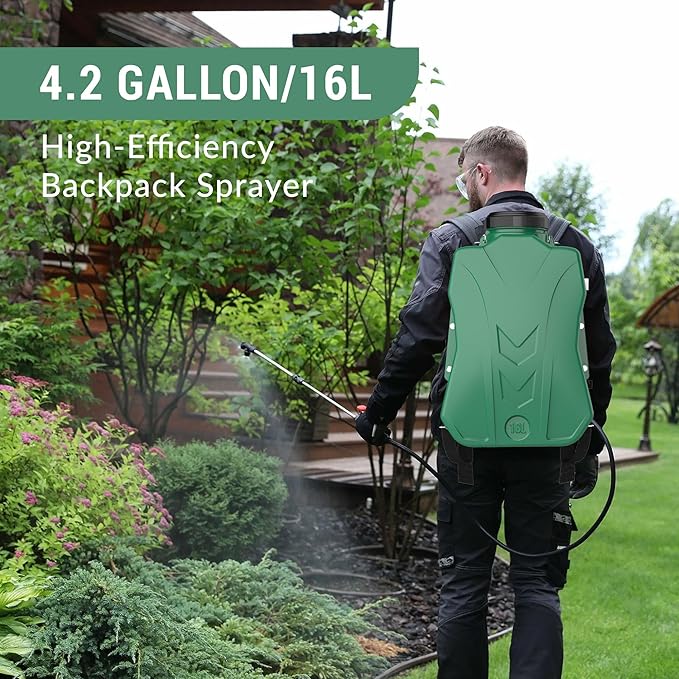 Backpack Sprayer 4 Gallon, Battery Powered Garden Sprayer with 2 * 6.0Ah Rechargeable Battery, Lawn & Garden Sprayer with Telescopic Wand, 5 Nozzle for Weeding, Watering and Cleaning
