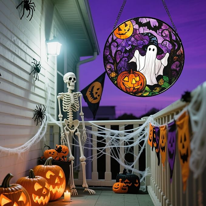 Stained Glass Window Hanging Halloween White Ghost Black Bat 9.8" - Suncatcher Door Garden Sunroom Horror Pumpkin Sun Catcher Birthday for Friend Mom Men Woman Nana