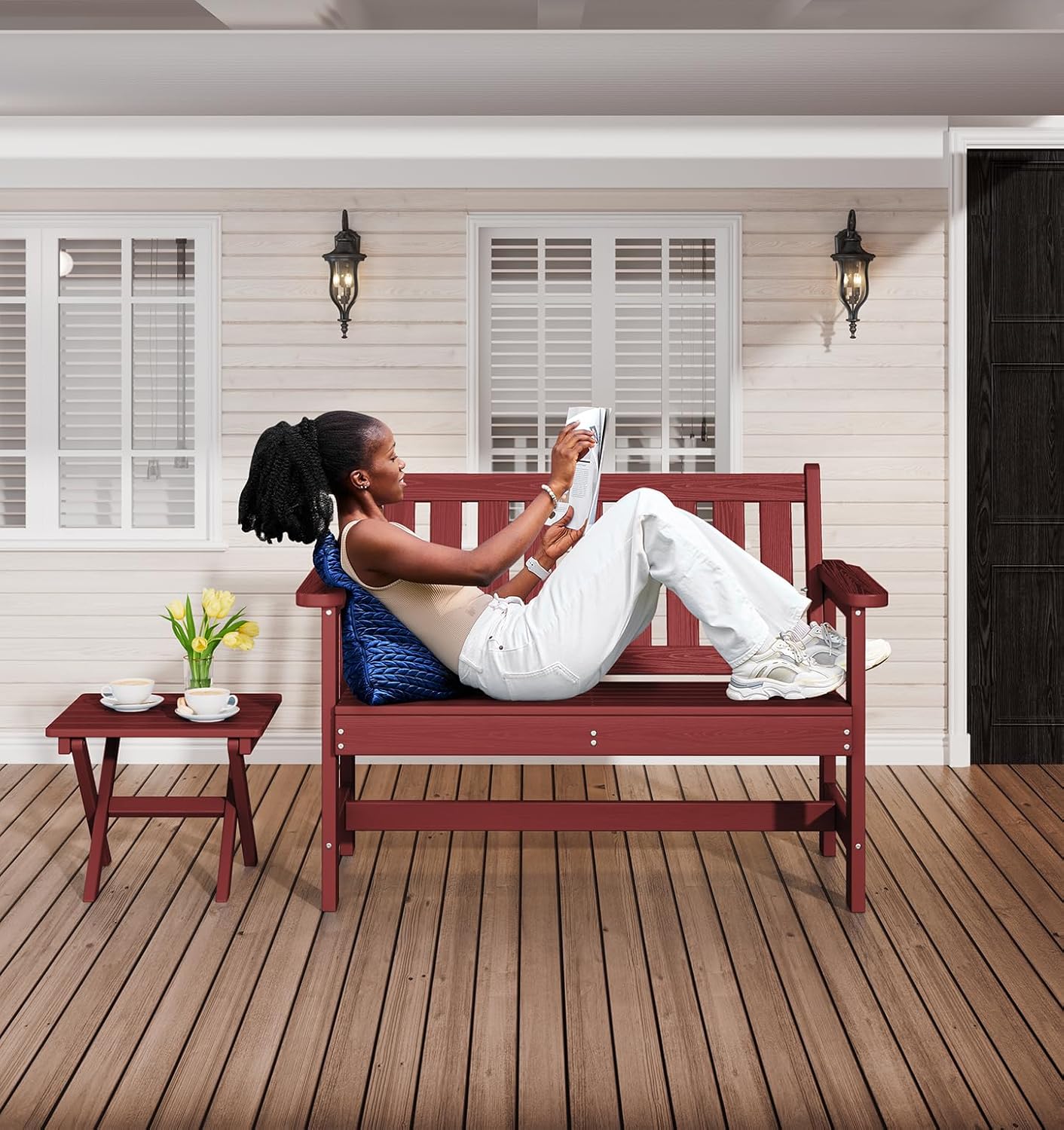 SERWALL Outdoor Bench, HDPE Outdoor Benches Weatherproof, 2-Person Garden Bench with 660 lbs Weight Capacity, Patio Benches for Outdoors, Garden, Porch, Backyard and Park, Red, 4 Pack