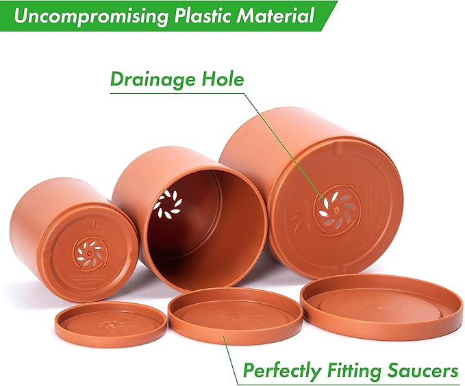 D'vine Dev 4 Inch 5 Inch 6 Inch, Set of 3 Plastic Planter Pots for Plants with Drainage Hole and Seamless Saucers, Terracotta Color, Small, 74-V-C-1