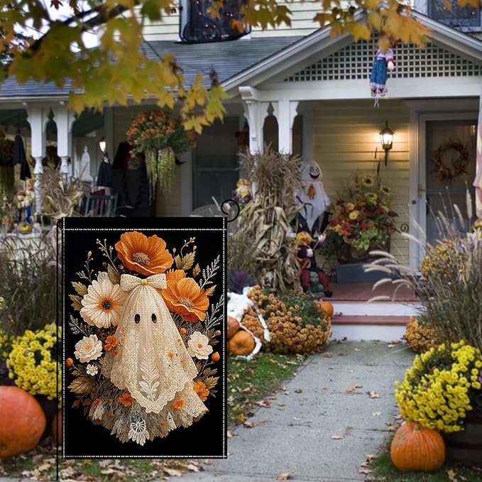 Halloween Garden Flag 12 x 18 Inch Double Sided Ghost Flower Bow Designs Fall Autumn Burlap Yard Flag for Outside Rustic Yard Outdoor Holiday Home Decoration