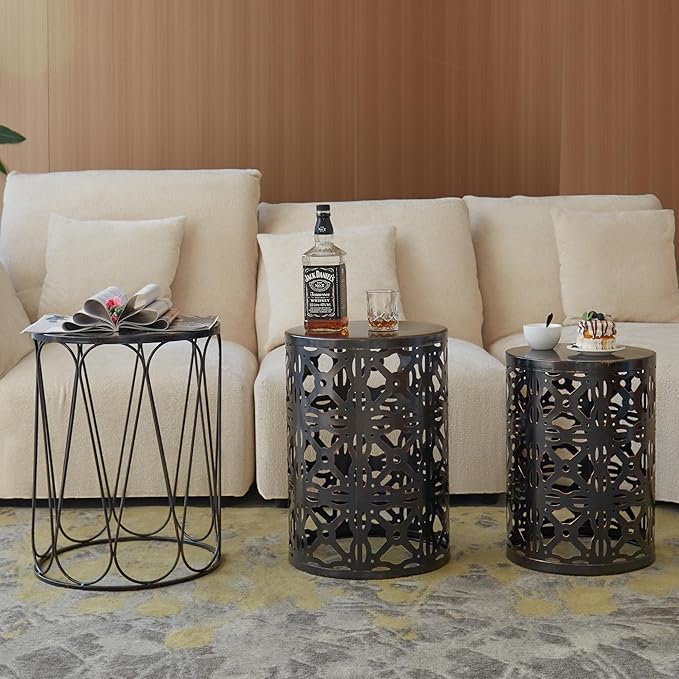 Y&M Set of 3 End Tables, Nesting Metal Round Coffee Table, Heavy Duty Metal Plant Stand Garden Stool, Outdoor Multifunctional Use Black with Bronze (Ship from US)