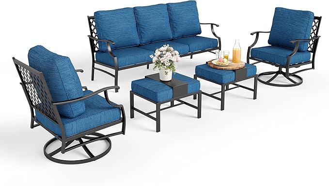 Patio Furniture Set 5 pcs, Outdoor Patio Furniture, 3-Seat Sofa, 2 Swivel Chairs, 2 Ottomans and 5.75" Extra Thick Cushion, Conversation Set for Backyard Deck,Gemstone Blue