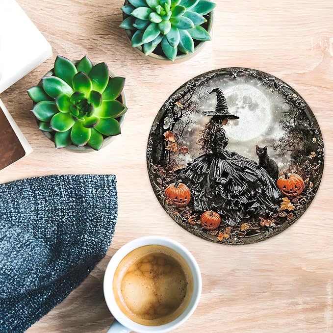 PEACHGARDEN Round Happy Halloween Black Cat Vintage Sign Halloween Witch Metal Tin Sign for Home Bar Kitchen Hotel Dining Room Coffee 8x8inch