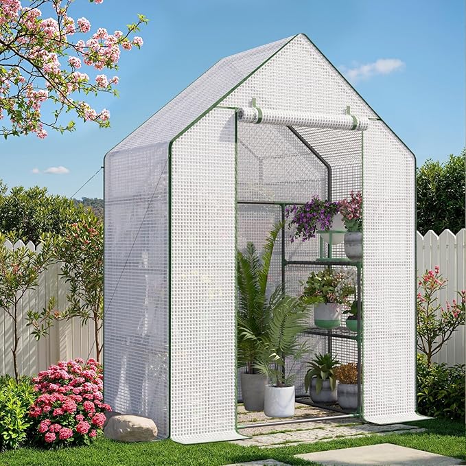 Portable Greenhouse for Outdoor, Small Greenhouses with Durable PE Cover, Walk in Greenhouse with Shelves Stands, White
