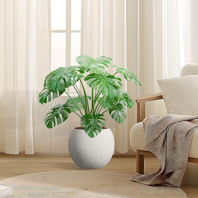 YOLENY 17.7'' Dia Large Round Planter with Drainage Hole, Sphere Planter Outdoor Indoor Plant Flower Pot with Rubber Plug for Garden Patio Balcony Home, White