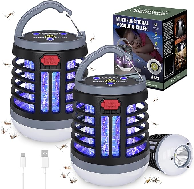 3 in 1 Indoor Bug Outdoor Mosquito Zappers, USB Rechargeable Mosquito Killer Portable Waterproof, LED Lantern Fly Zappers Camp Light SOS Emergency Light for Home, Backyard, Camping Patio (2 Pack)