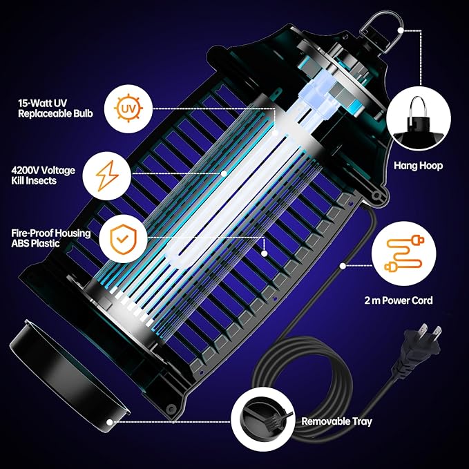 Bug Zapper Indoor, Fly Zappers Electric Mosquitoes Insect Gant Fruit Flies Moth Traps with 4200V for Home Living Room Bedroom Kitchen Backyard Patio Garage Office Camping